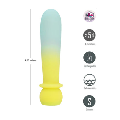 Yellow teal gradient bullet with size and feature icons