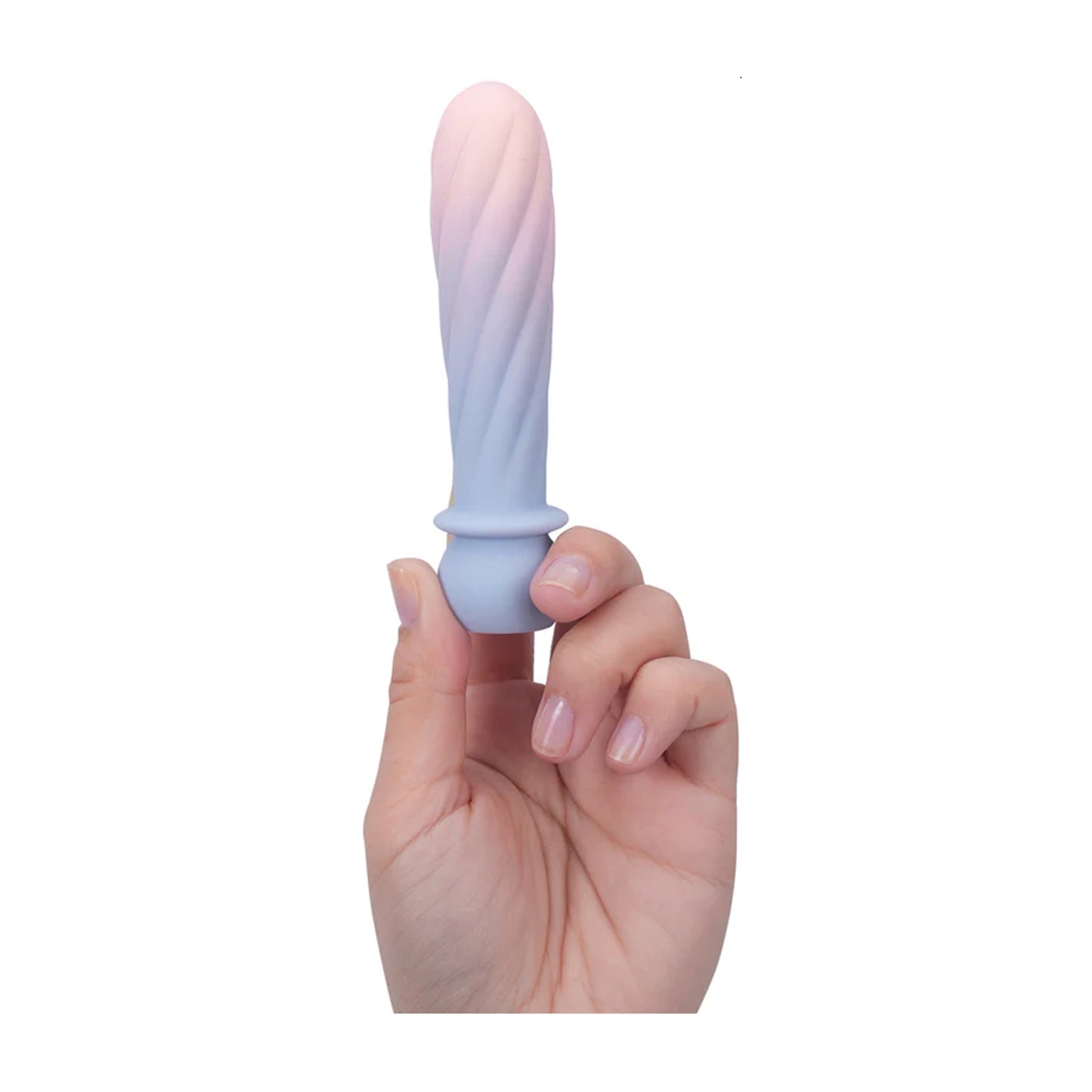 Swirl bullet held in fingertips for size comparison