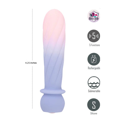 Swirl bullet with size measurement and feature icons