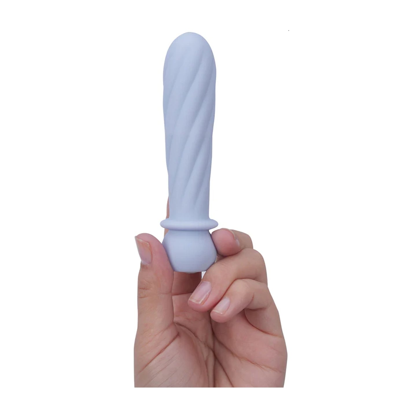 Purple swirl bullet held in fingertips for size scale