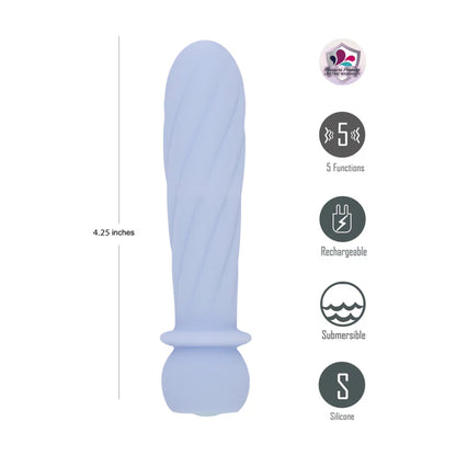 Purple swirl bullet with size measurement and feature icons