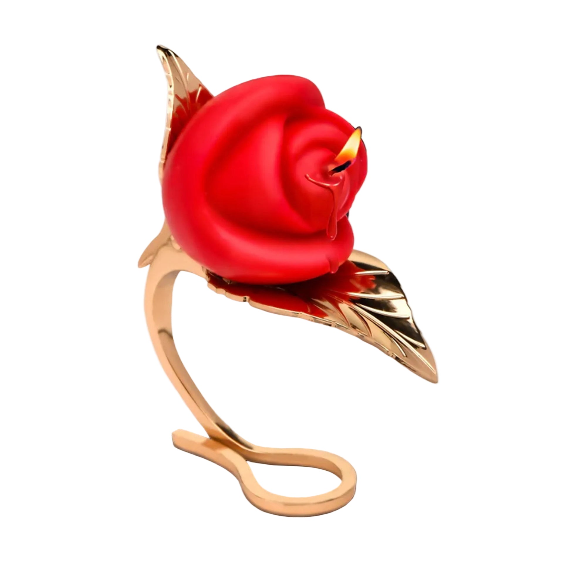 Red rose candle displayed on gold holder with lit wick