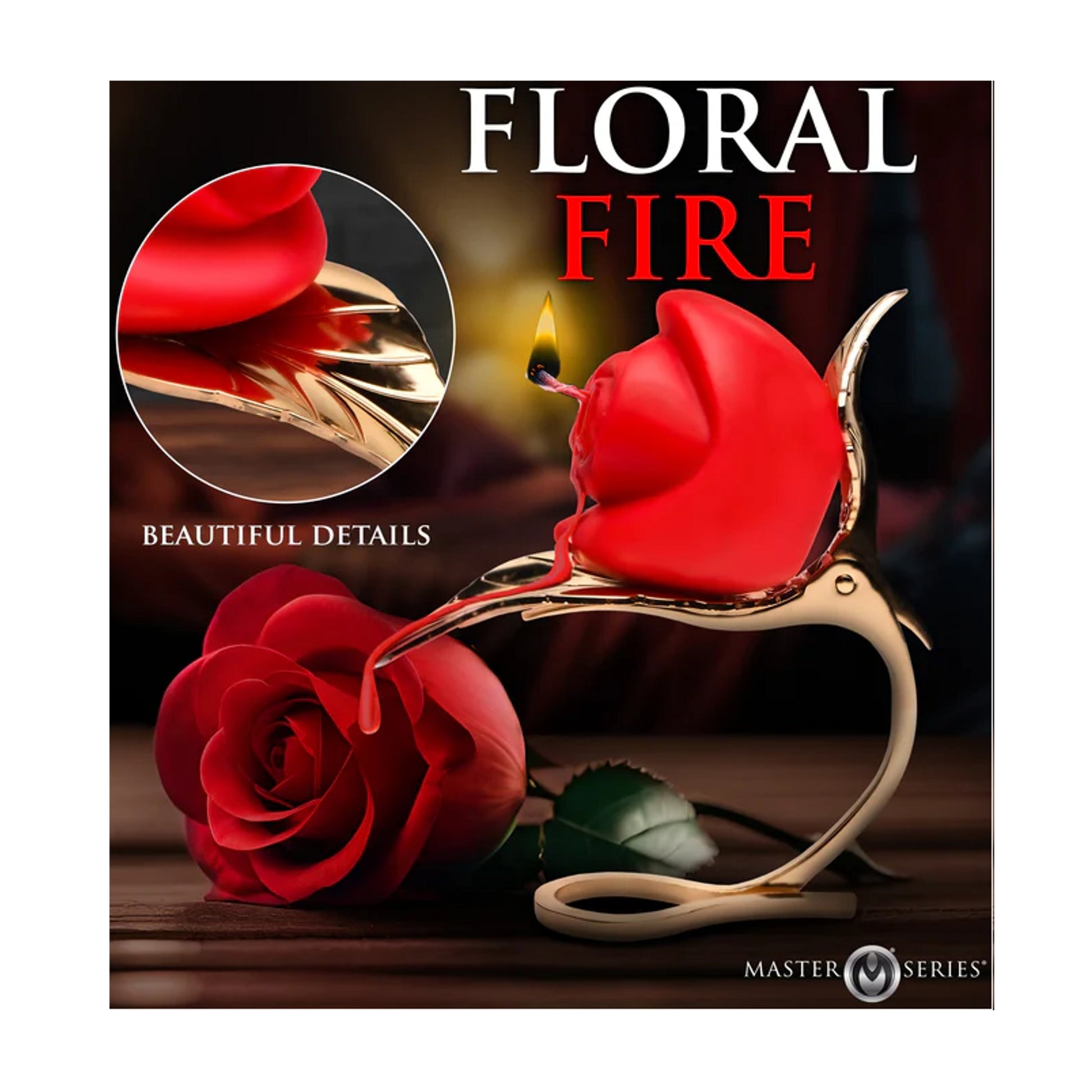 Decorative rose candle and gold holder styled with floral display
