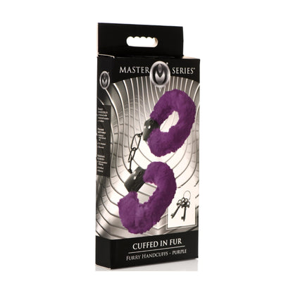 Master Series Cuffed In Fur Furry Handcuffs Purple in retail packaging