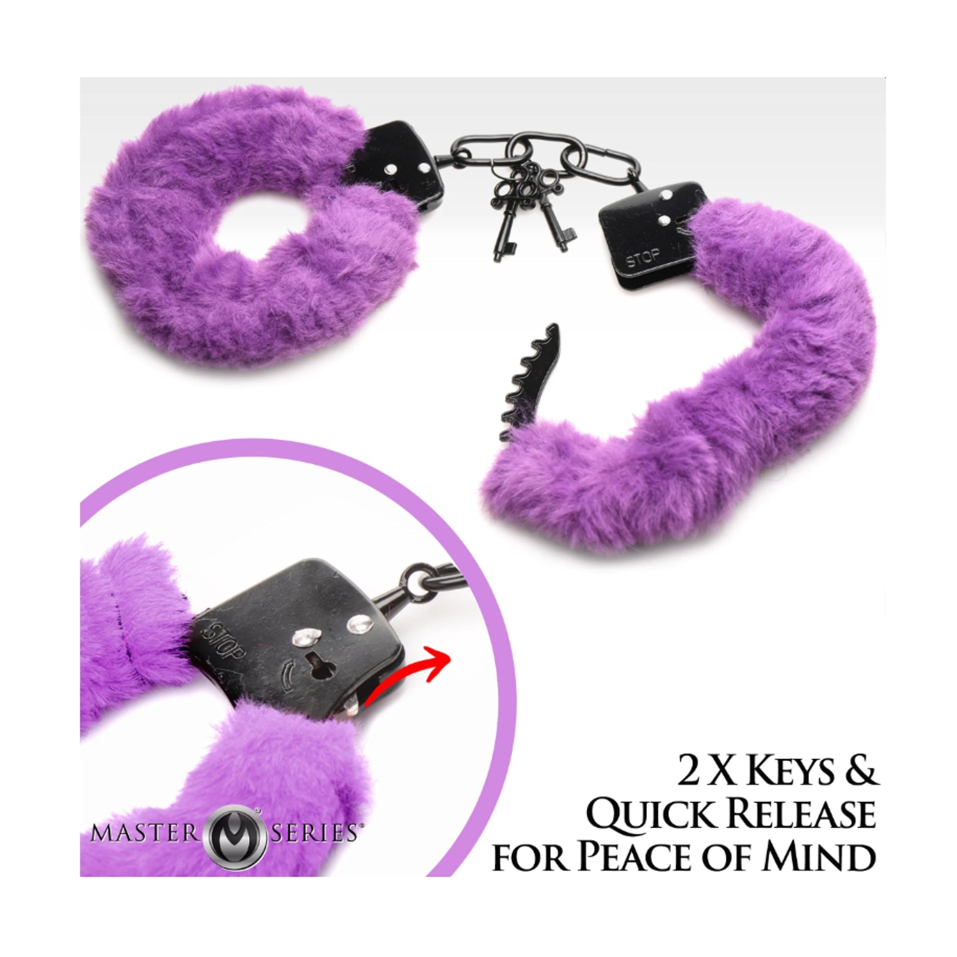 Purple faux fur handcuffs showing keys and quick release lock