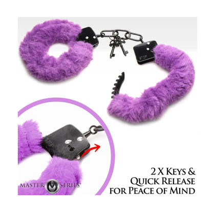 Purple faux fur handcuffs showing keys and quick release lock