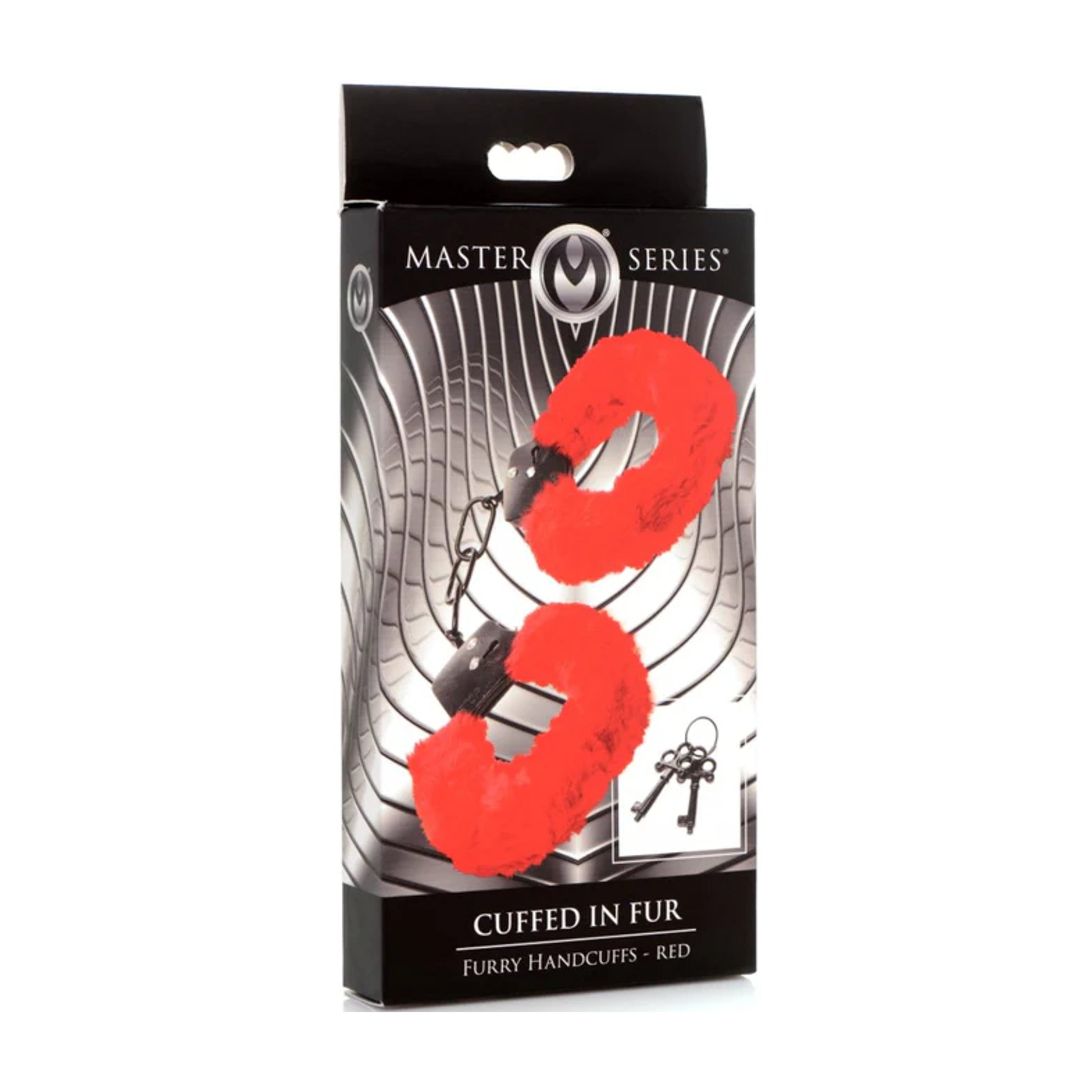 Master Series Cuffed In Fur Furry Handcuffs Purple retail packaging