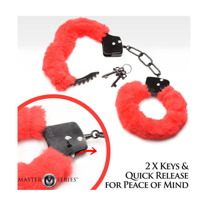 Purple furry handcuffs with keys and quick-release detail