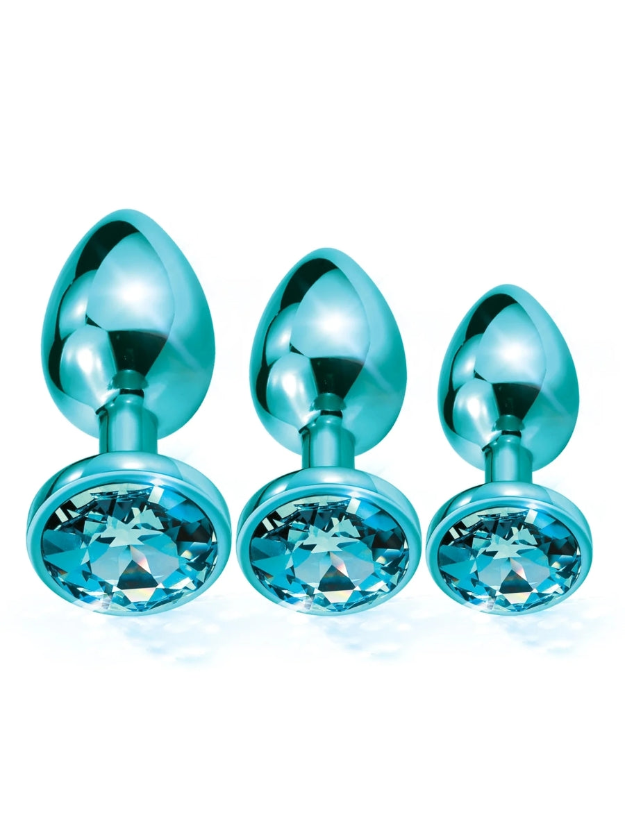 Metal Round Anal Plug Blue SML Sizes Next to Another Front View