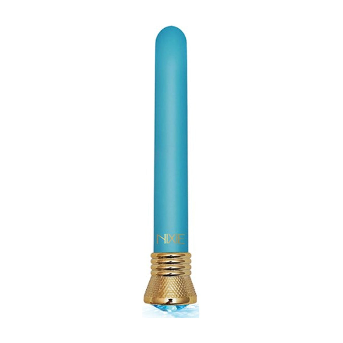 Full view of slim aqua satin vibrator design