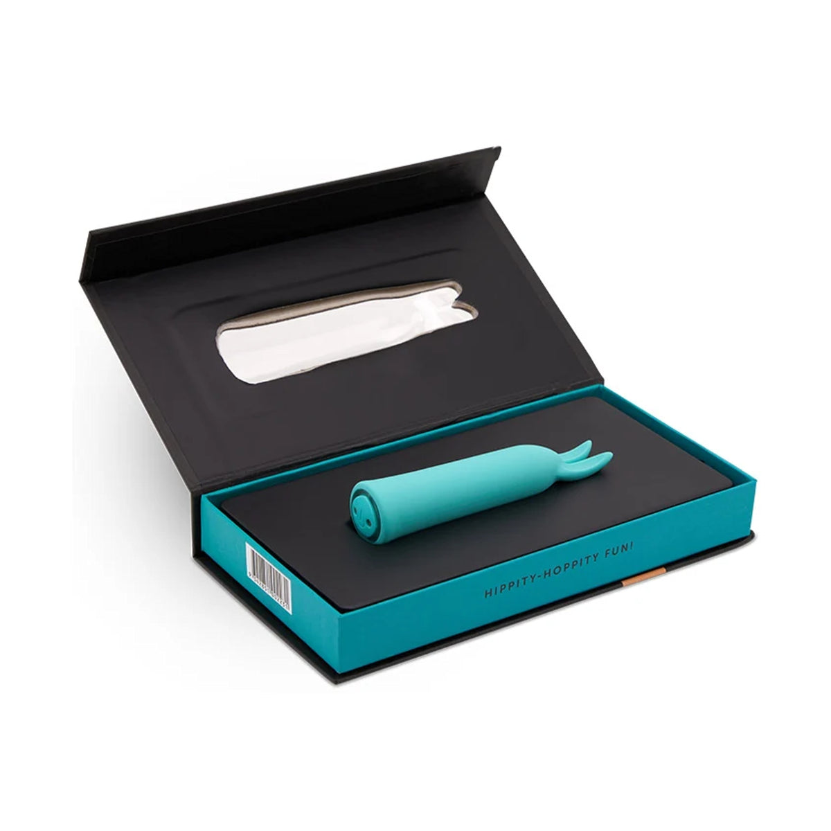 Blue rabbit vibrator displayed inside open presentation box