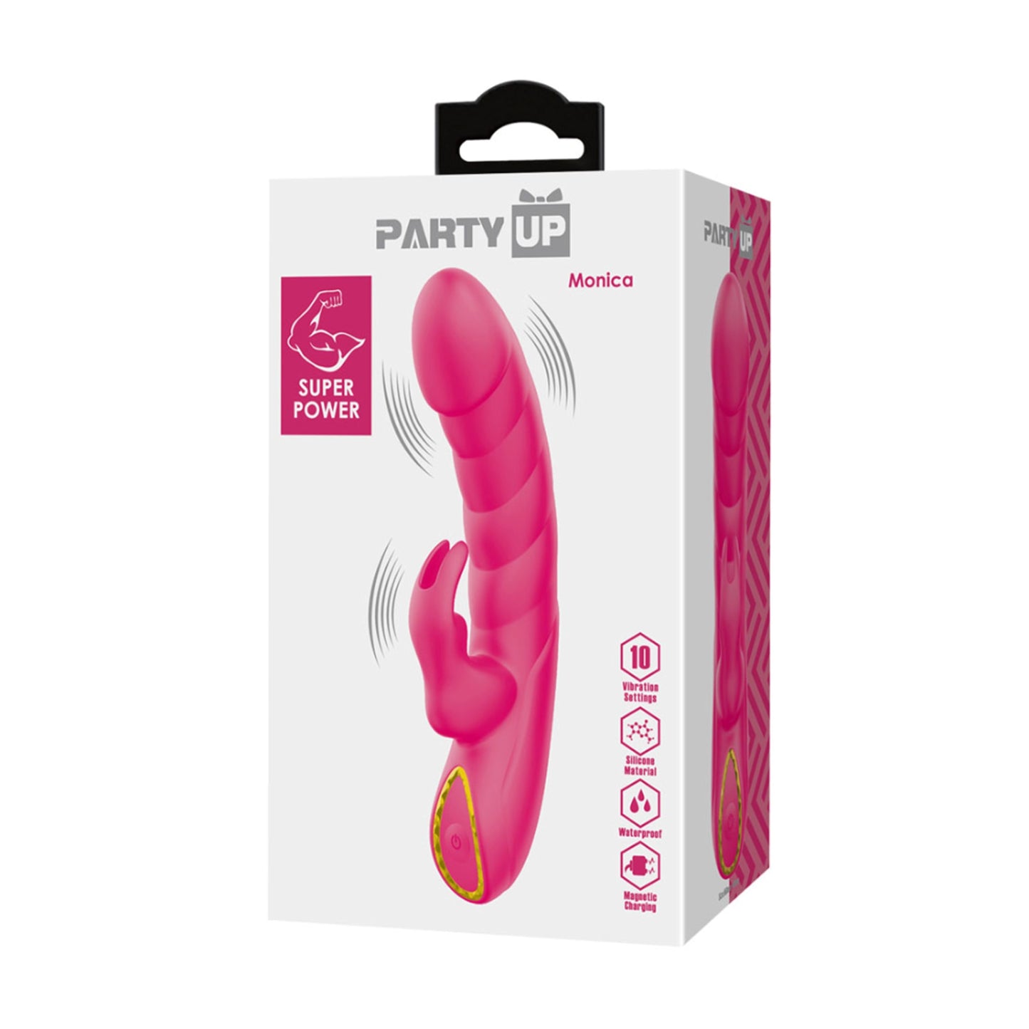 Party Up Monica Super Power Rabbit Vibrator Pink in retail packaging