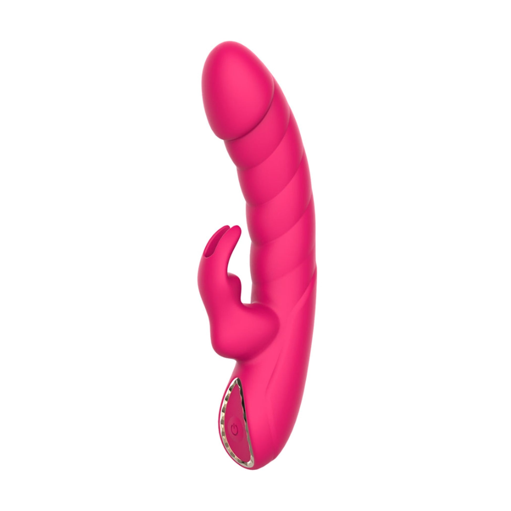 Angled view of rabbit vibrator showing curved shaft and clitoral stimulator