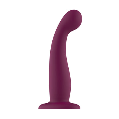 Side view of purple silicone dildo with pronounced curved tip