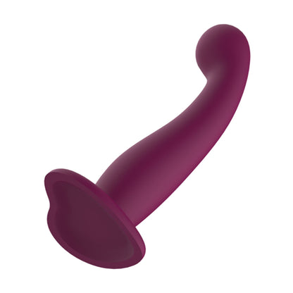 Angled purple silicone dildo showing heart-shaped suction base