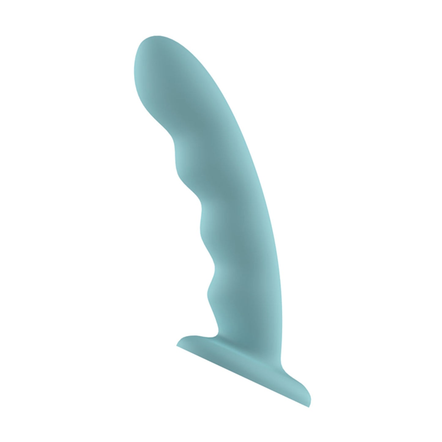 Teal liquid silicone wavy dildo shown from side angle