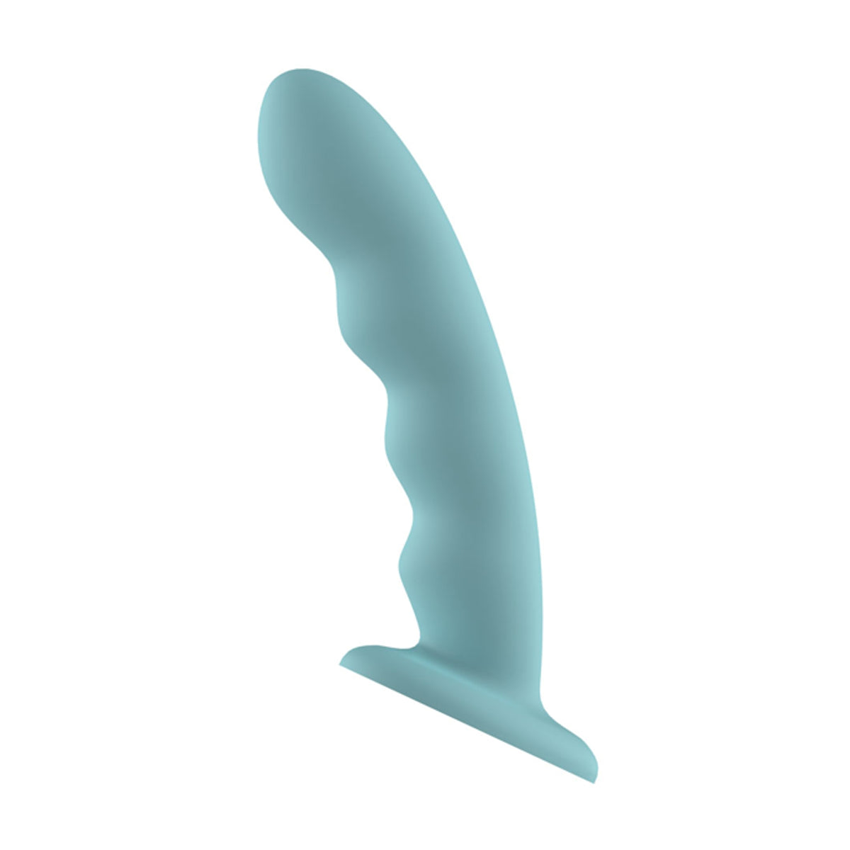 Blue liquid silicone wavy dildo shown from side angle