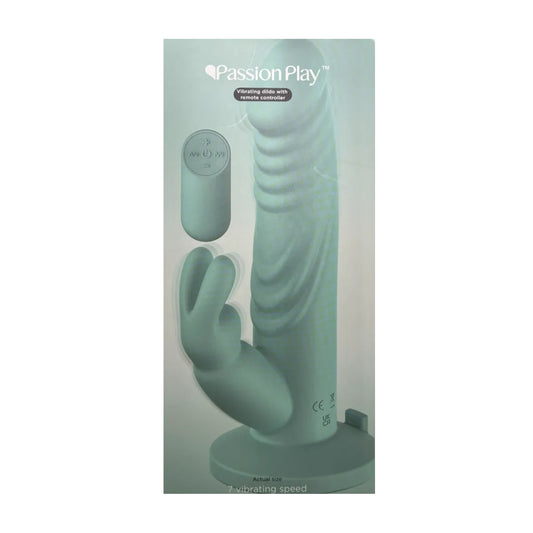 Passion Play 8.5 Inch Remote Control Rabbit Dildo Blue in retail packaging