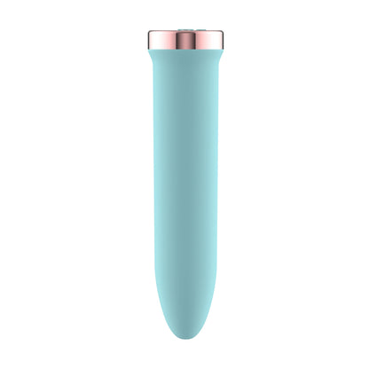Rear view of blue bullet vibrator with slim body