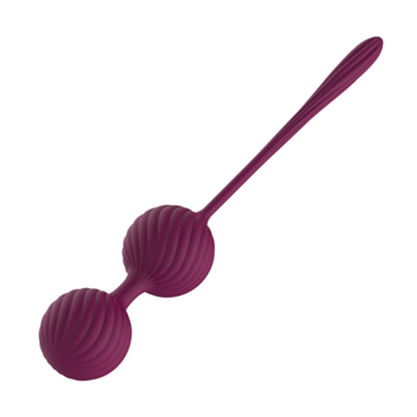 Angled view of ribbed Kegel balls with retrieval stem