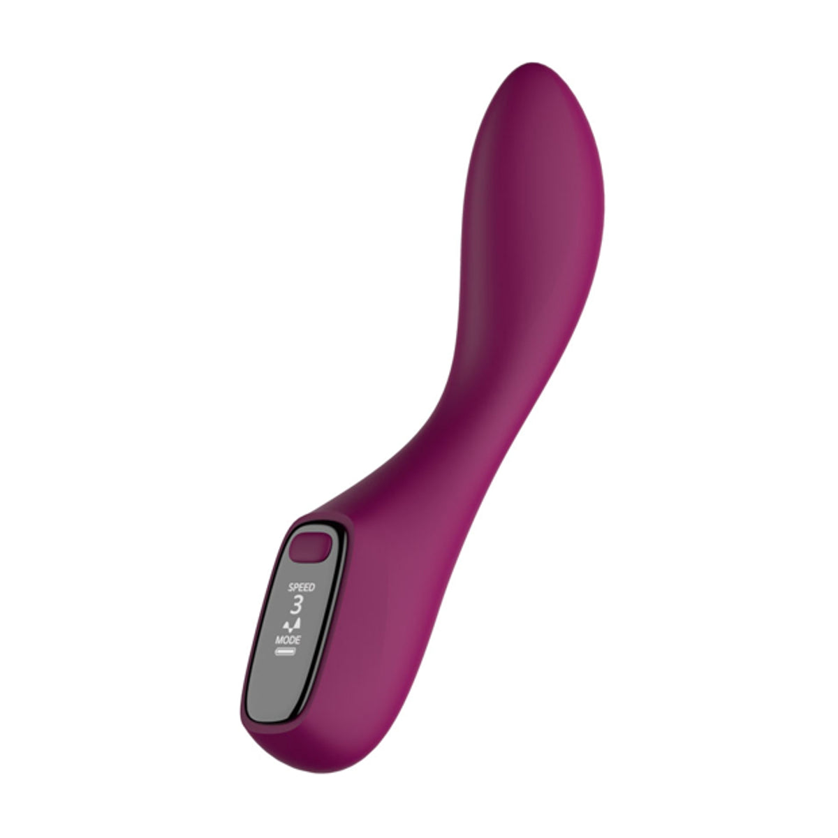 Angled view of purple vibrator with LED screen