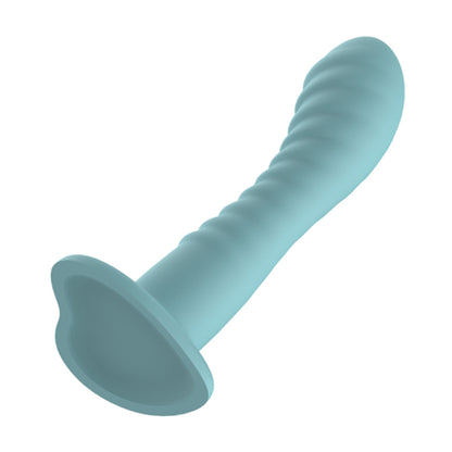 Angled teal silicone dildo showing ridges and heart-shaped base
