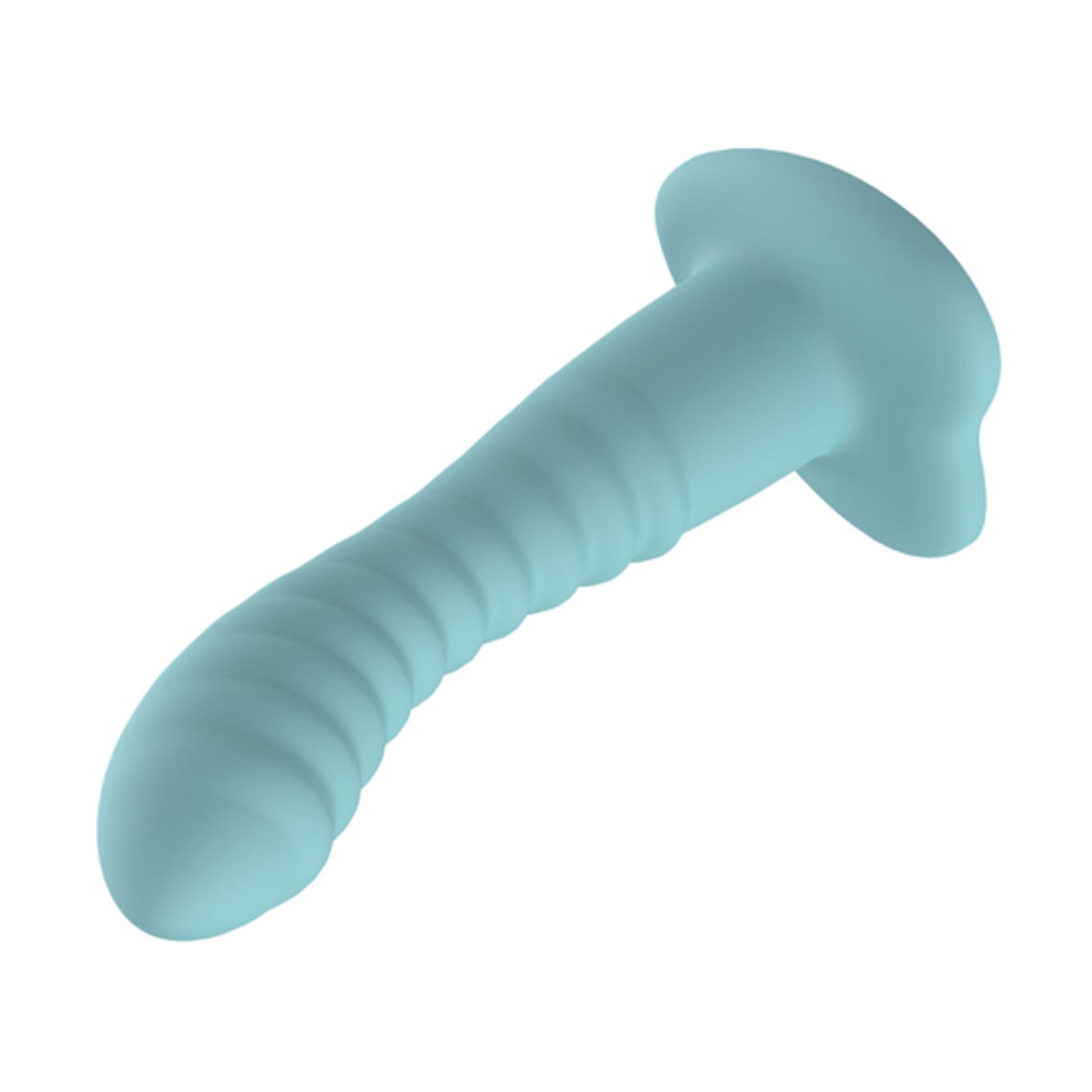Teal ridged dildo showing curved shaft and heart-shaped suction base
