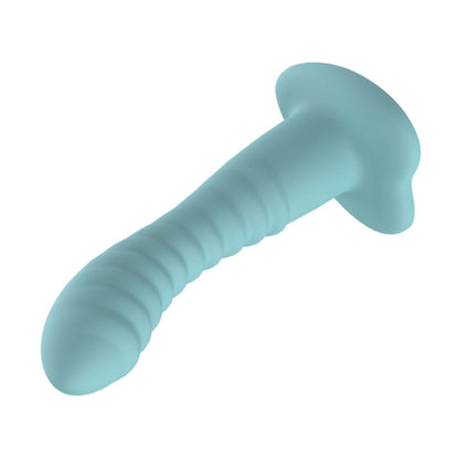Teal ridged dildo showing curved shaft and heart-shaped suction base
