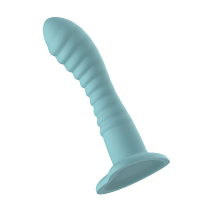 Angled view of teal ridged dildo with wide suction base