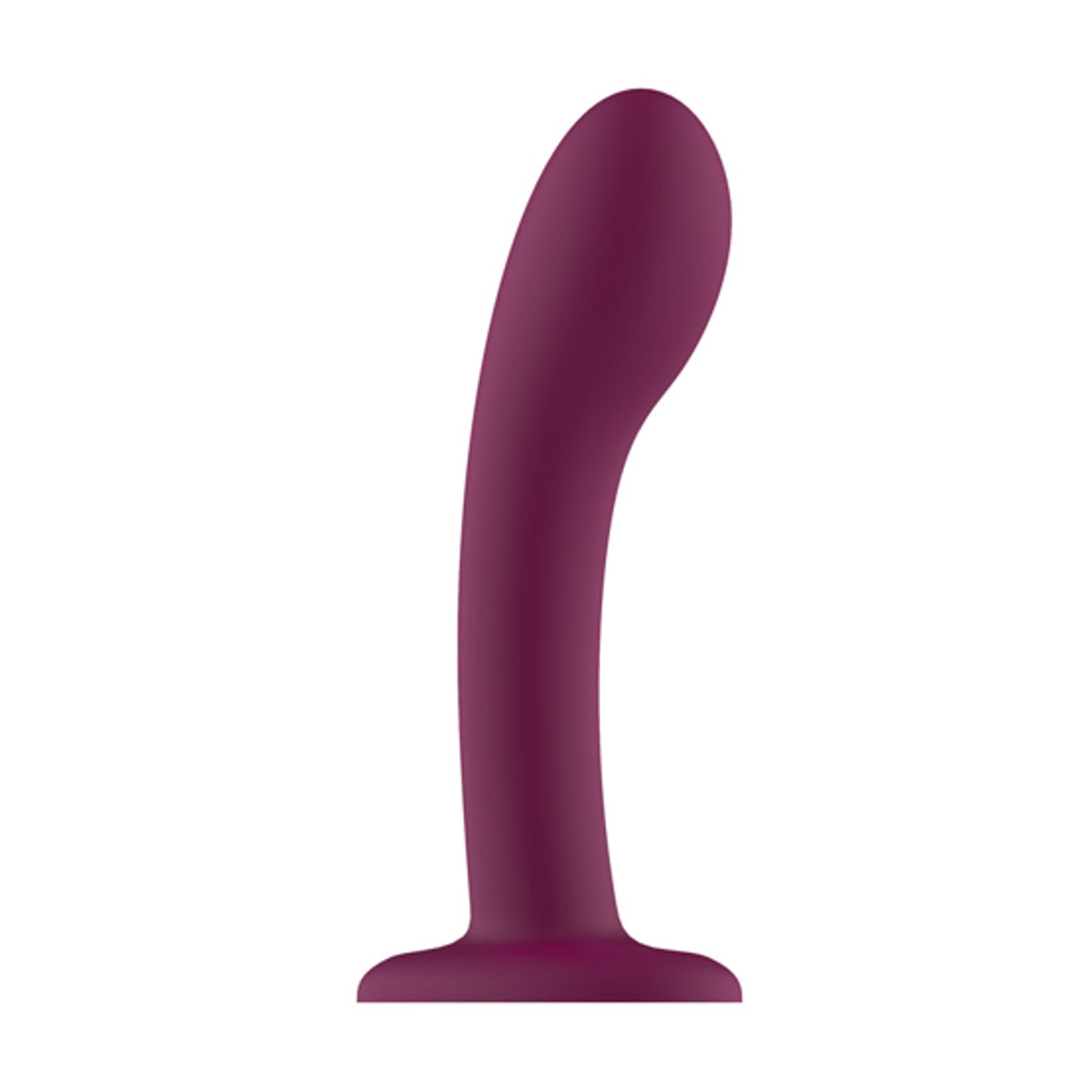 Side view of smooth purple dildo with curved shaft and flared base