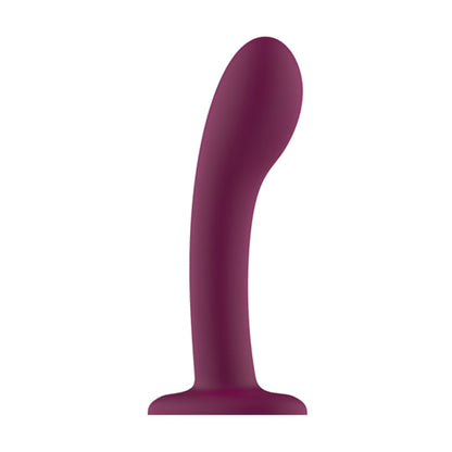 Side view of smooth purple dildo with curved shaft and flared base