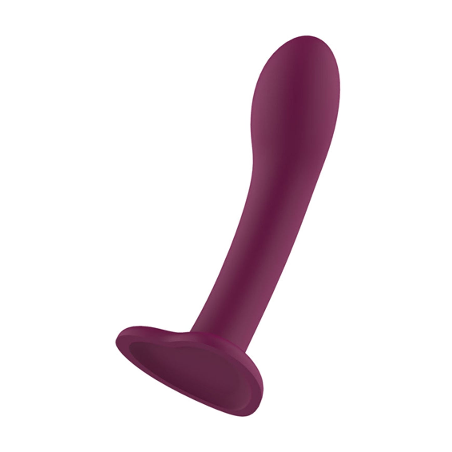 Angled purple dildo showing heart-shaped suction base