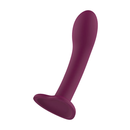 Angled purple dildo showing heart-shaped suction base