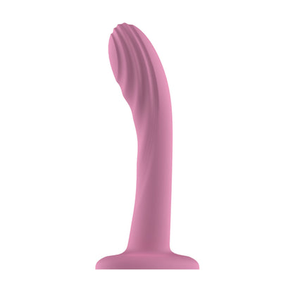Pink silicone dildo with curved shaft and textured ridged tip