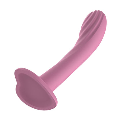 Angled pink dildo showing raised tip texture and heart-shaped base