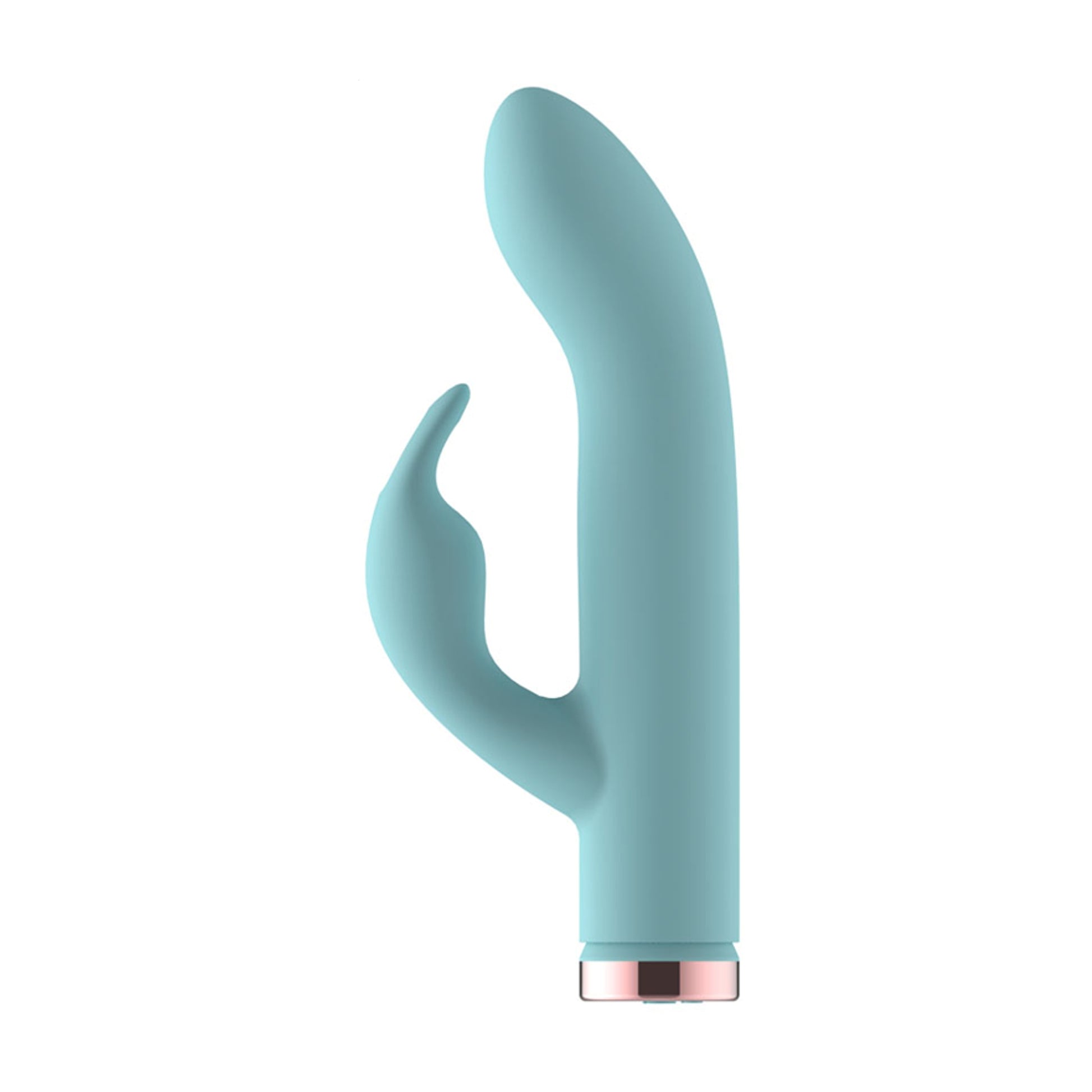 Blue mini rabbit vibrator front view with curved shaft