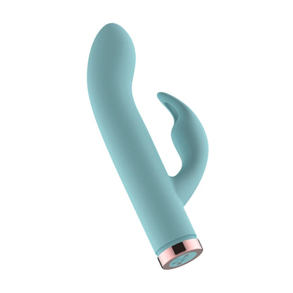 Blue rabbit vibrator angled view with clitoral stimulator