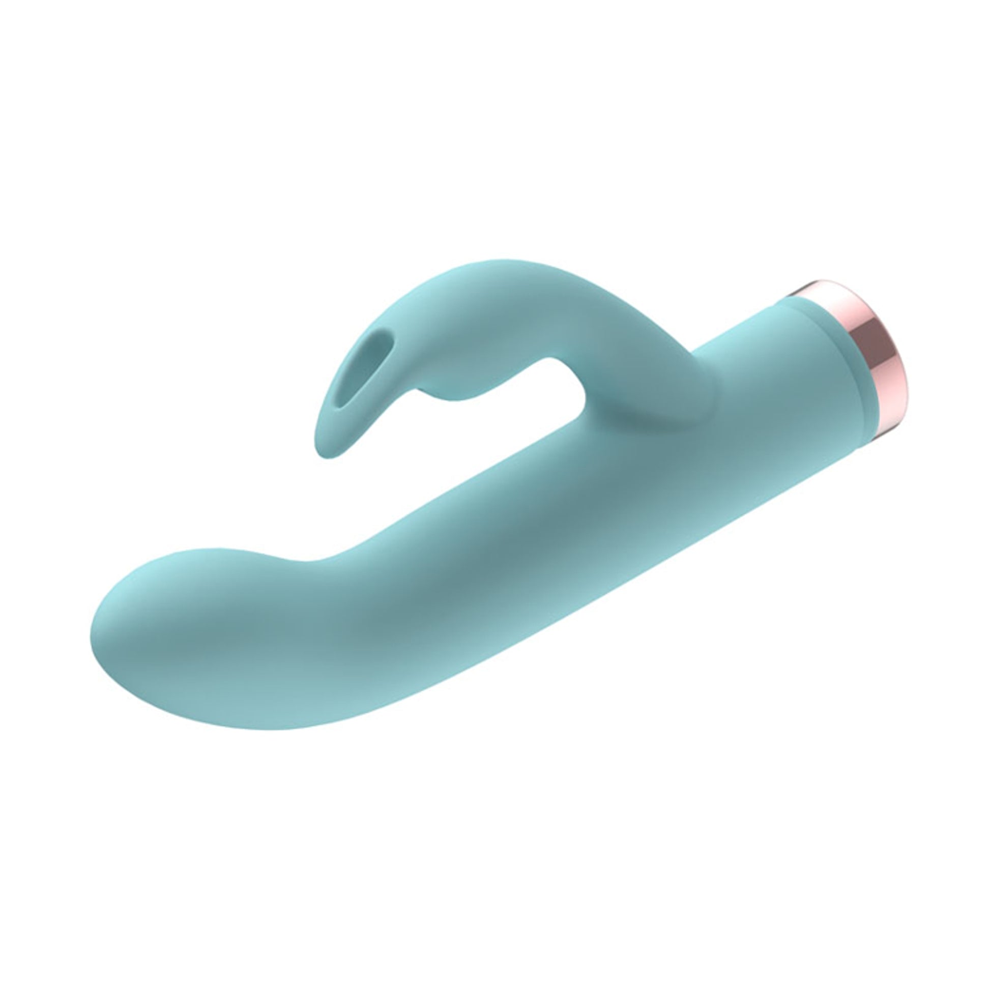 Blue rabbit vibrator angled view showing tapered clitoral tip