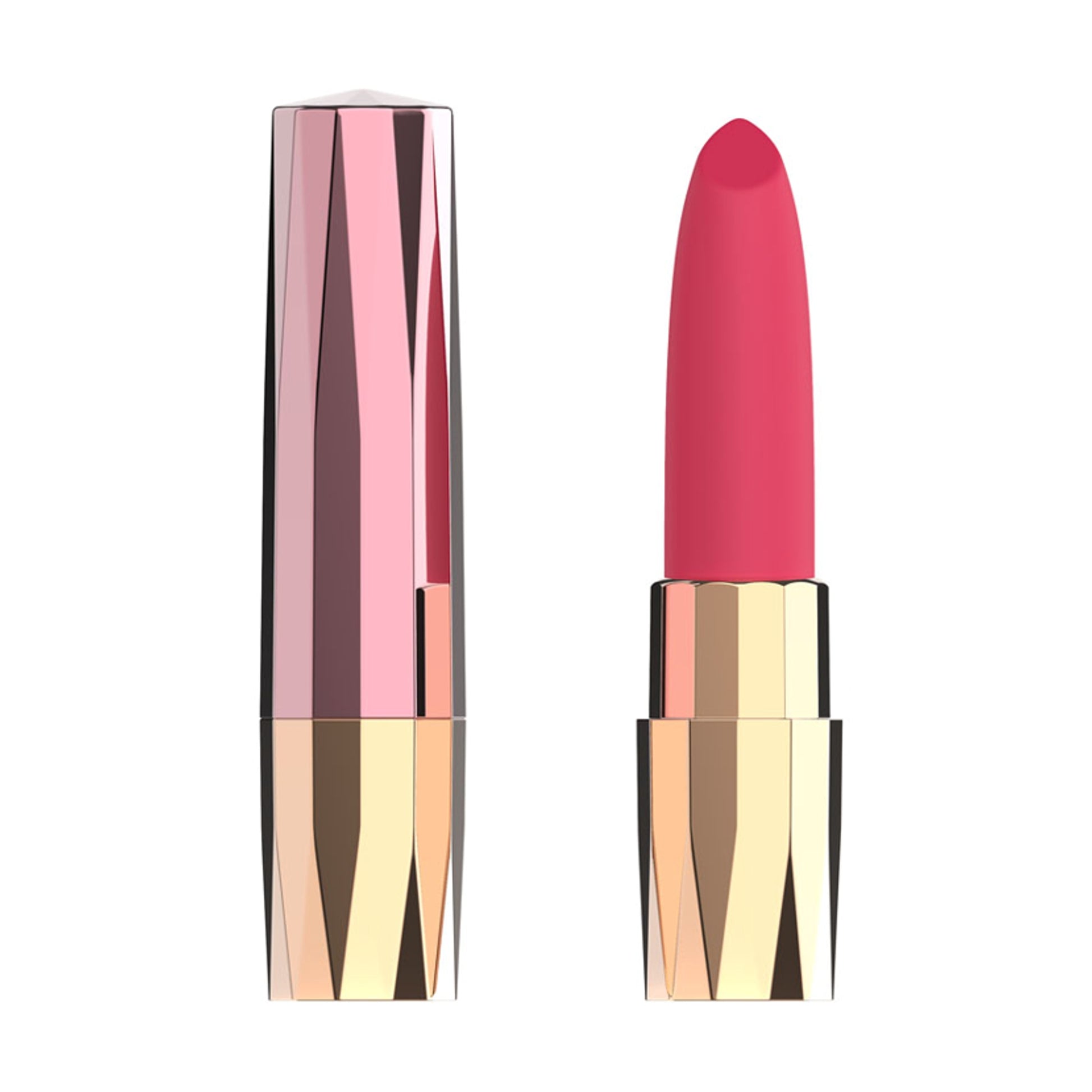 Lipstick bullet vibrator shown with cap on and removed