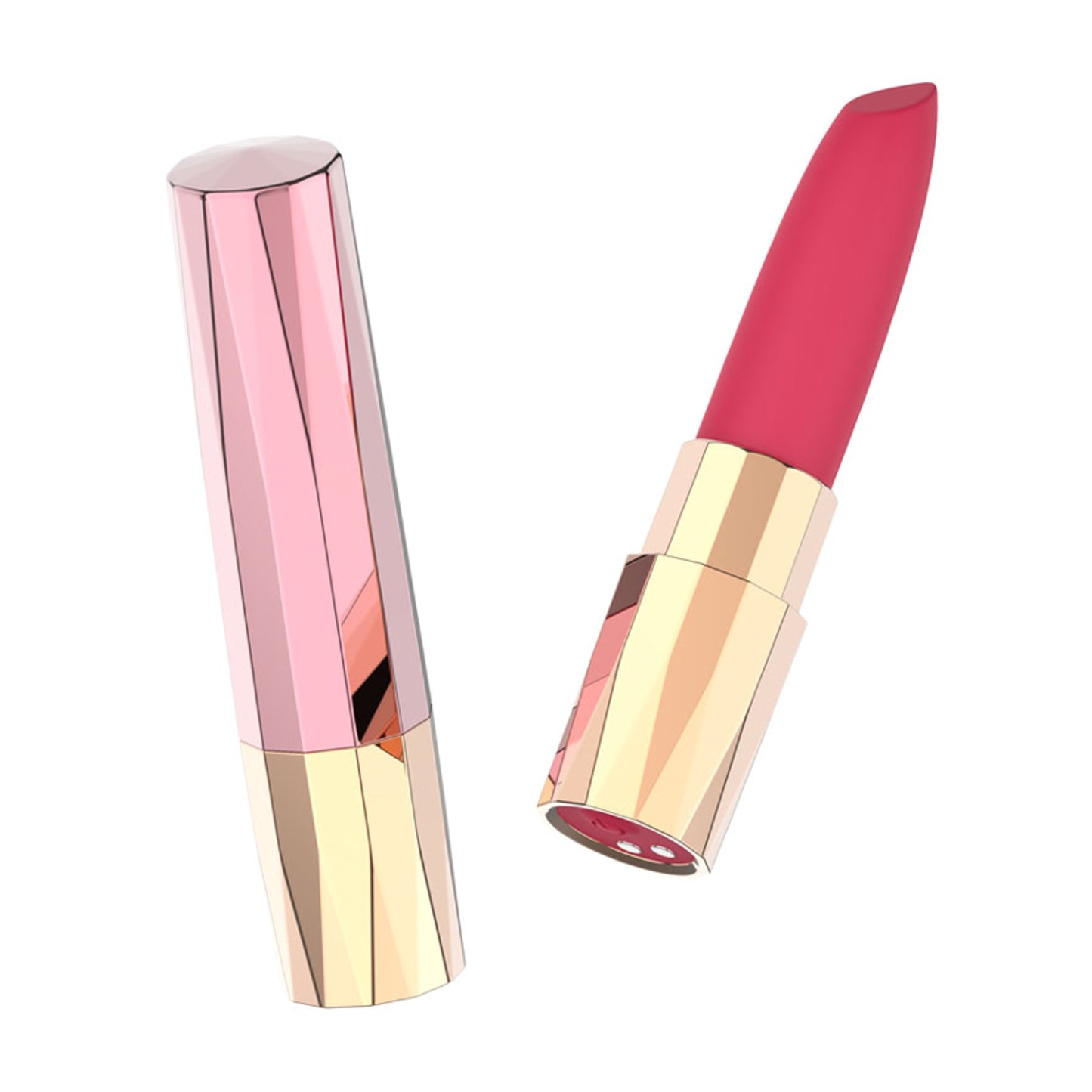 Angled view of lipstick bullet with magnetic charging base