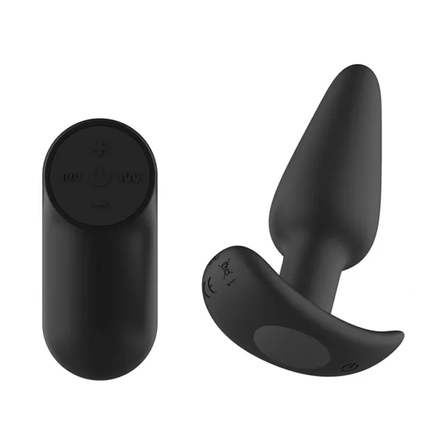 Angled view of black anal plug with curved flared base