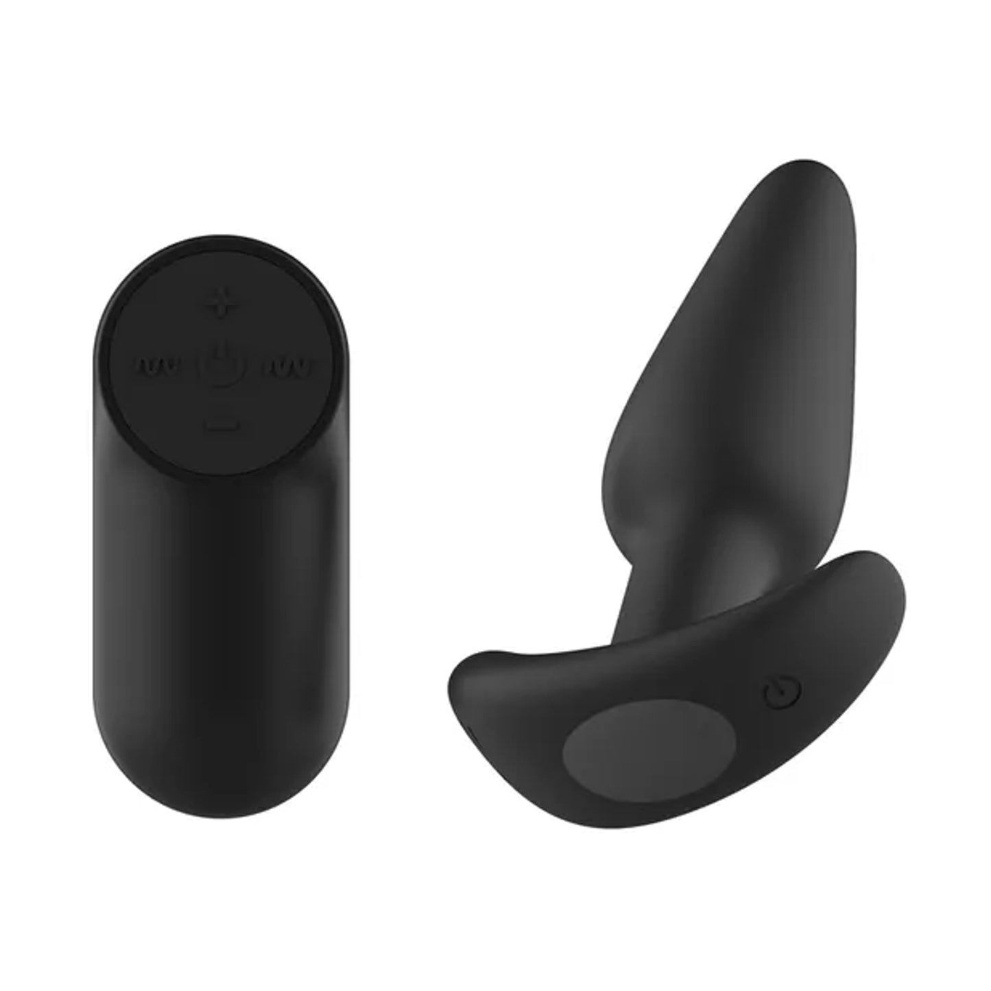 Black anal plug and remote showing broad safety base