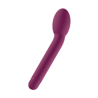 Angled view of purple G-spot vibrator with broad rounded head