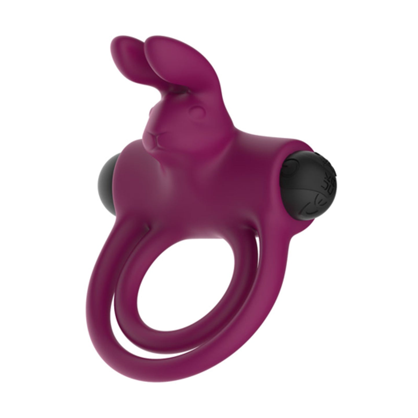 Angled view of purple rabbit double cock ring