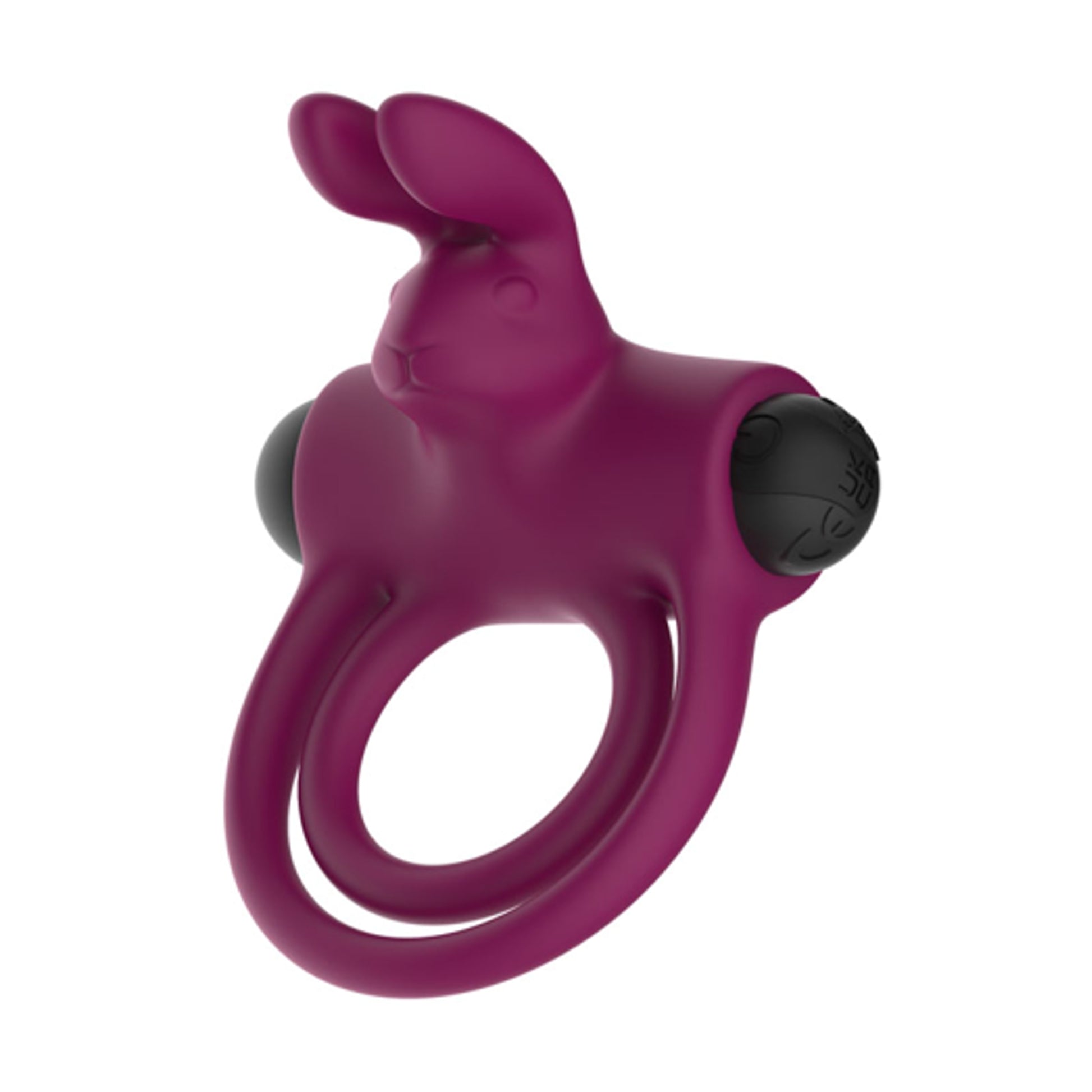 Angled view of purple rabbit double cock ring