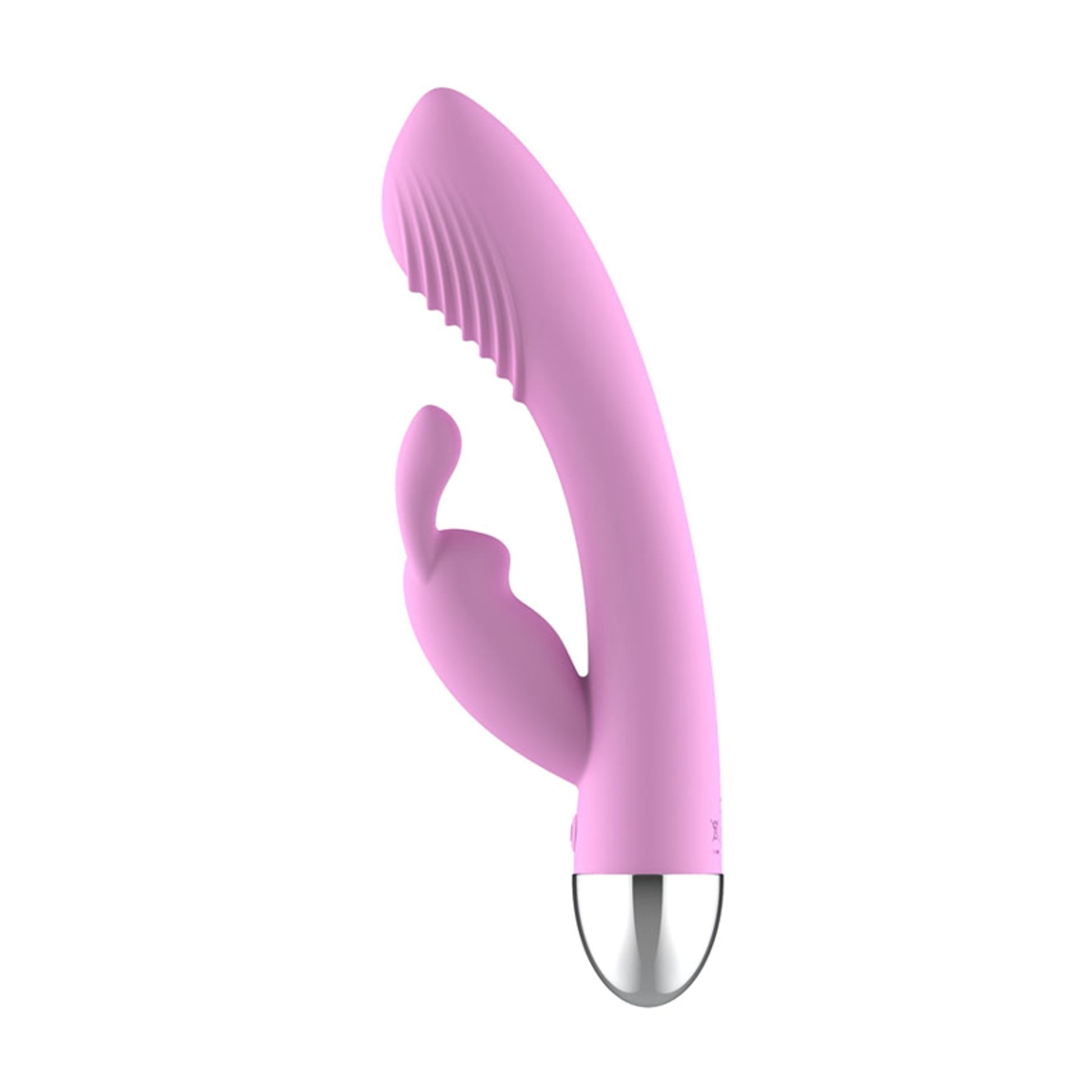 Side view of pink rabbit vibrator with textured curved tip