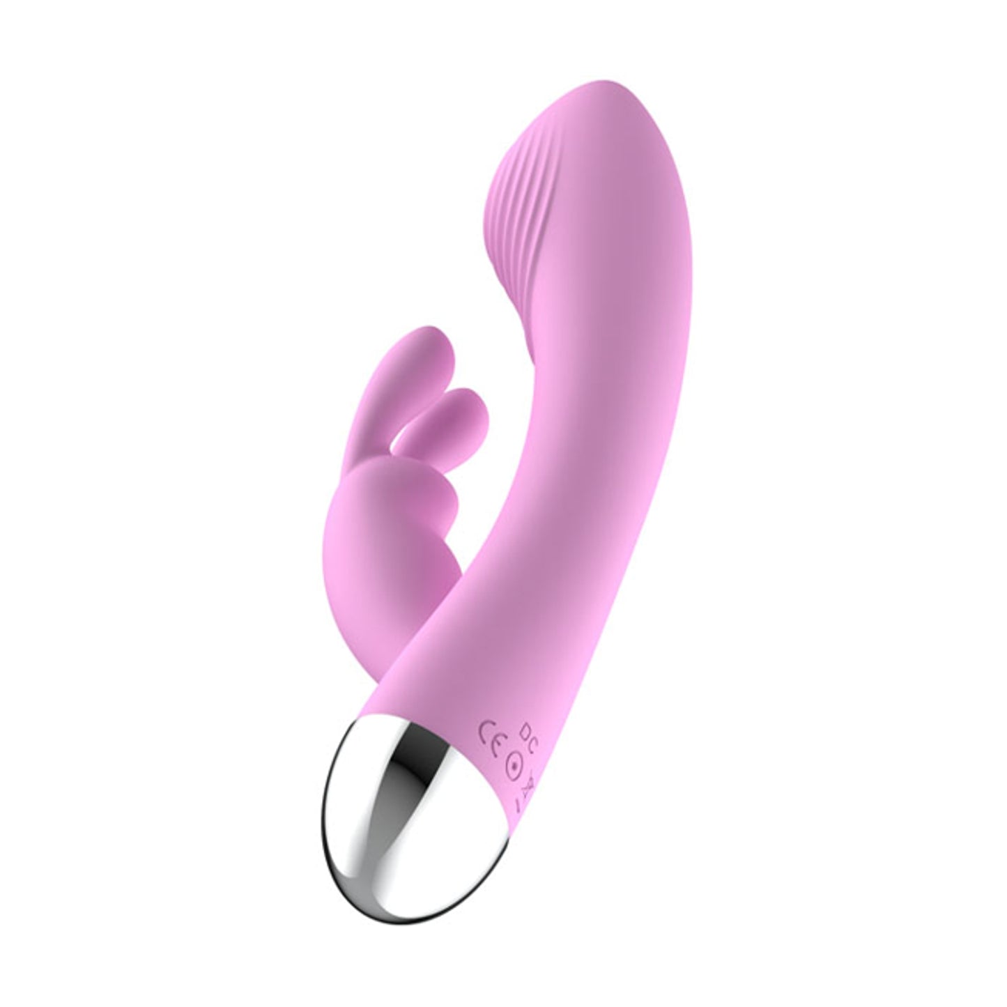 Rear angled view of pink rabbit vibrator with smooth shaft