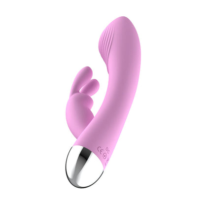 Rear angled view of pink rabbit vibrator with smooth shaft