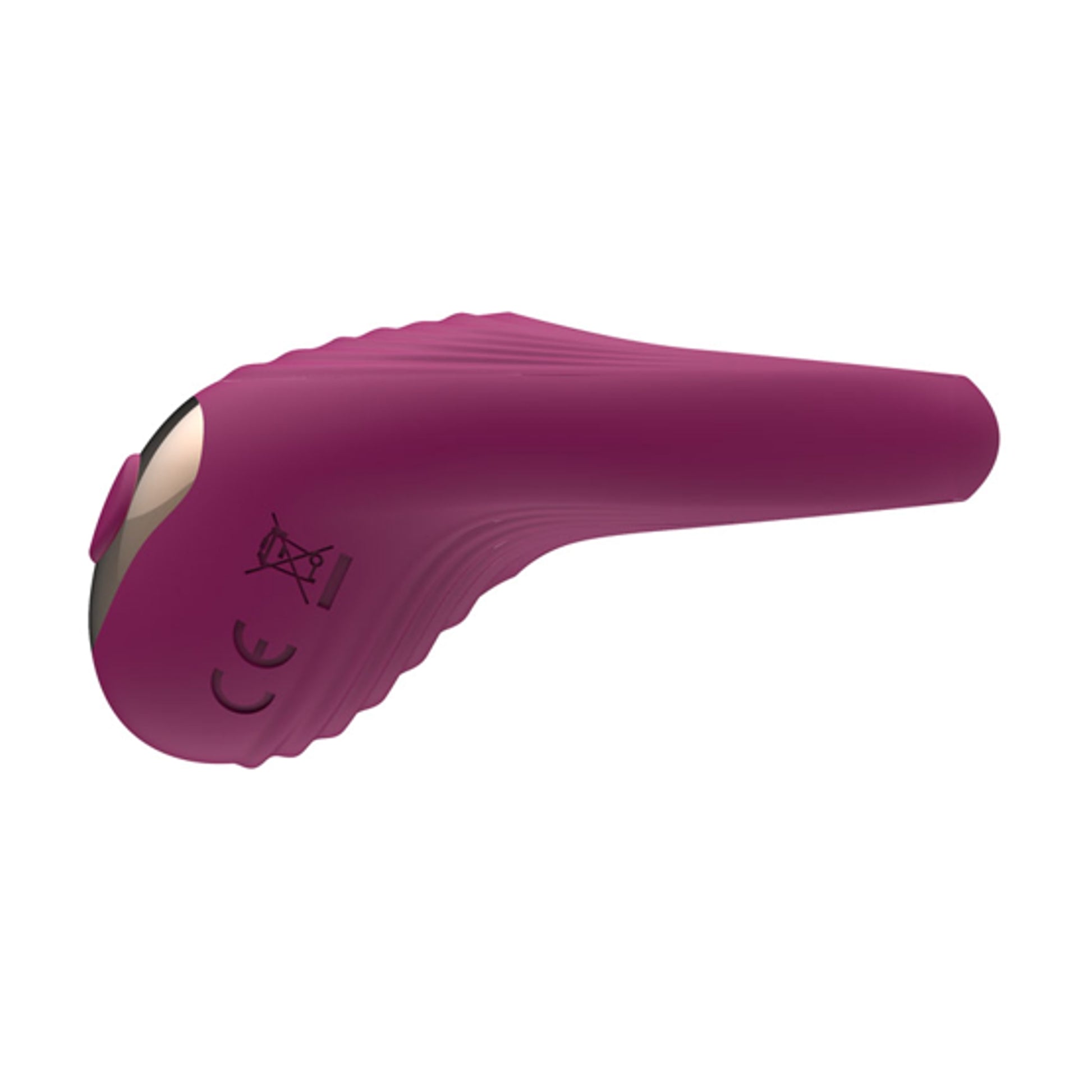 Side view showing textured purple vibrating cock ring
