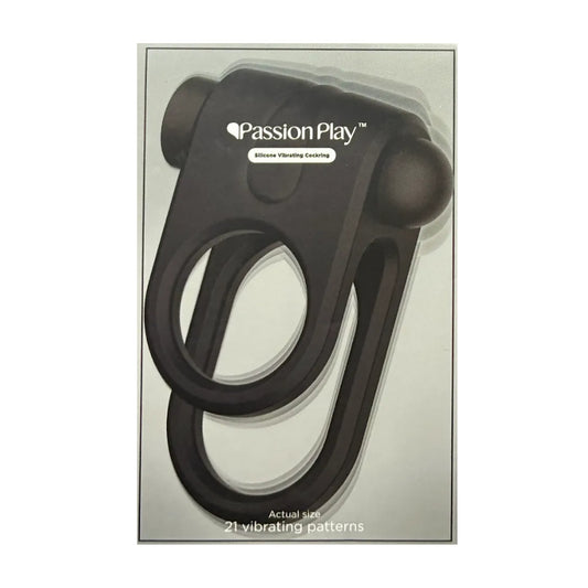 Passion Play Vibrating Dual Loop Ring Black in retail packaging